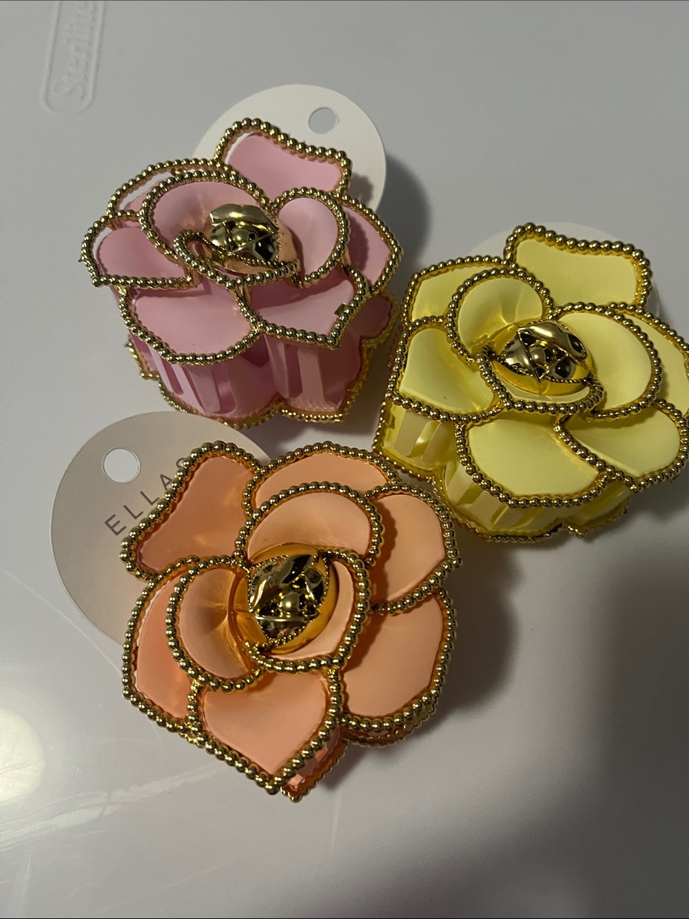 Ella Trio Floral Resin Hair Clips in Pink, Peach & Yellow with Gold Trim